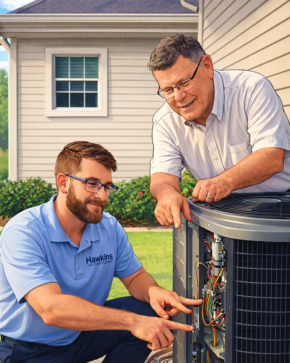 A Hawkins technician walking a homeowner through their outdoor AC unit in Abilene