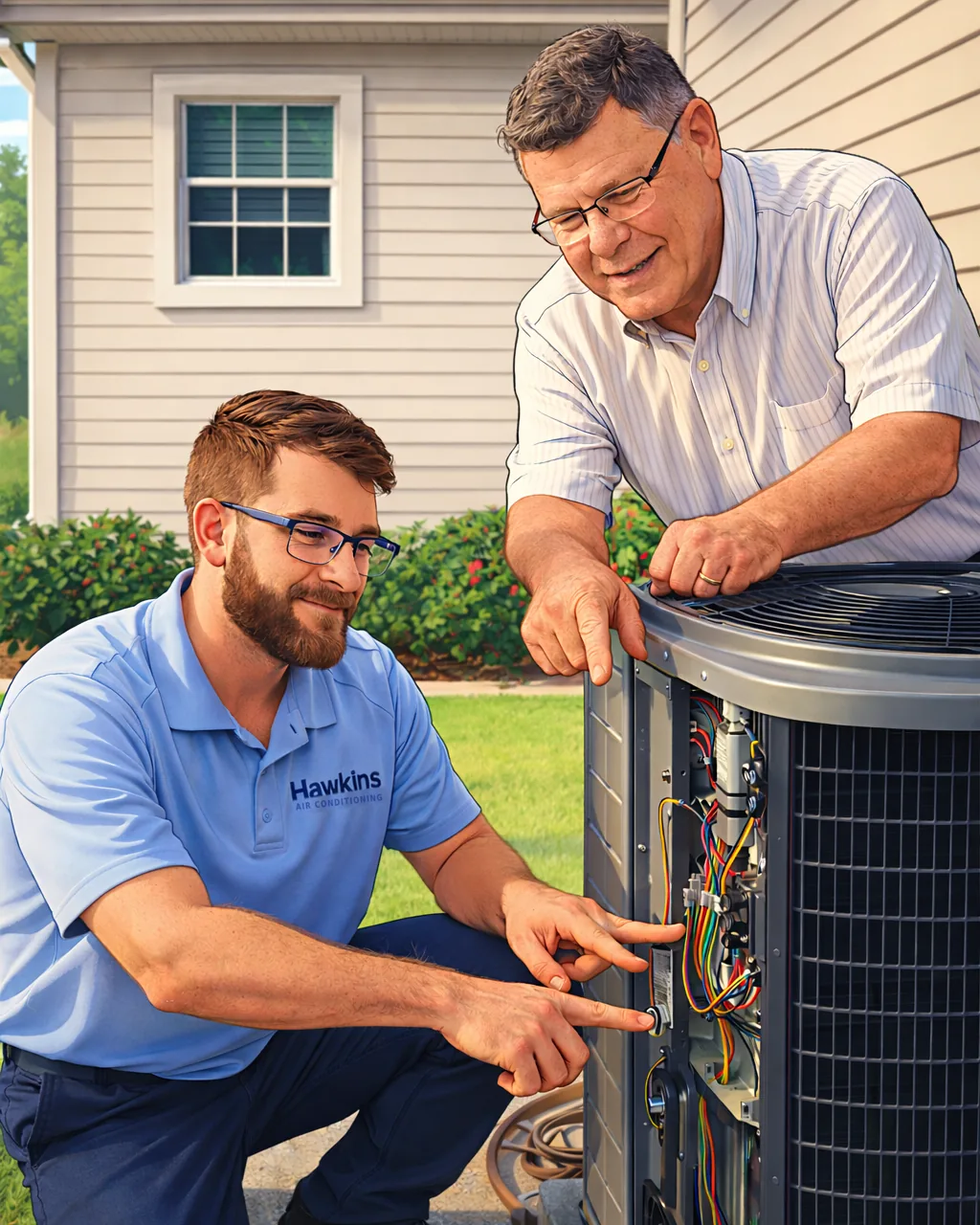 Tom Hawkins going over an outdoor AC unit with a Hawkins Air Conditioning technician